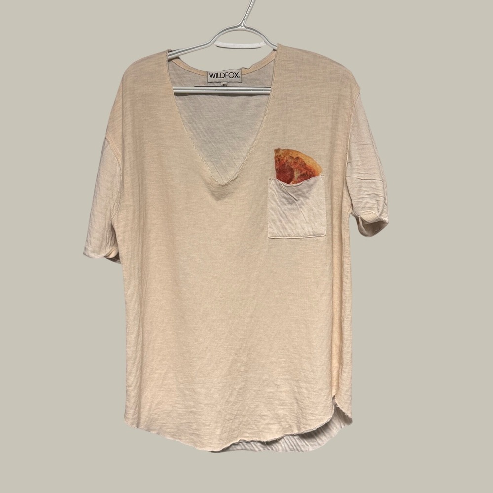 Wildfox Couture Pizza Pocket V-Neck Tee Cream Slub Knit Raw Edge Top Small